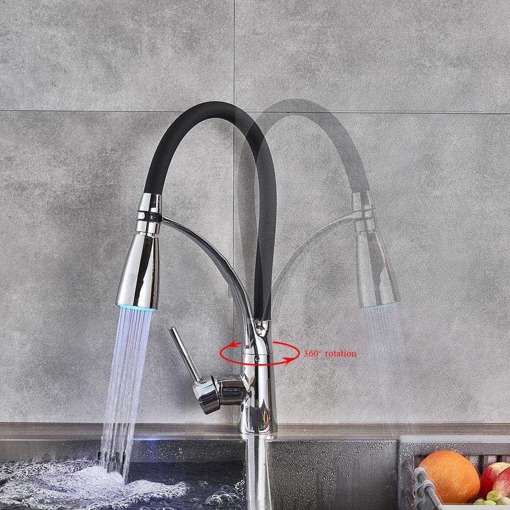Stainless Steel Chrome LED Kitchen Sink Faucet - Pull Down Swivel Sprayer with Hot/Cold Water Mixer - Perfect for Modern Kitchens & Bathrooms (Deck Mount Installation)