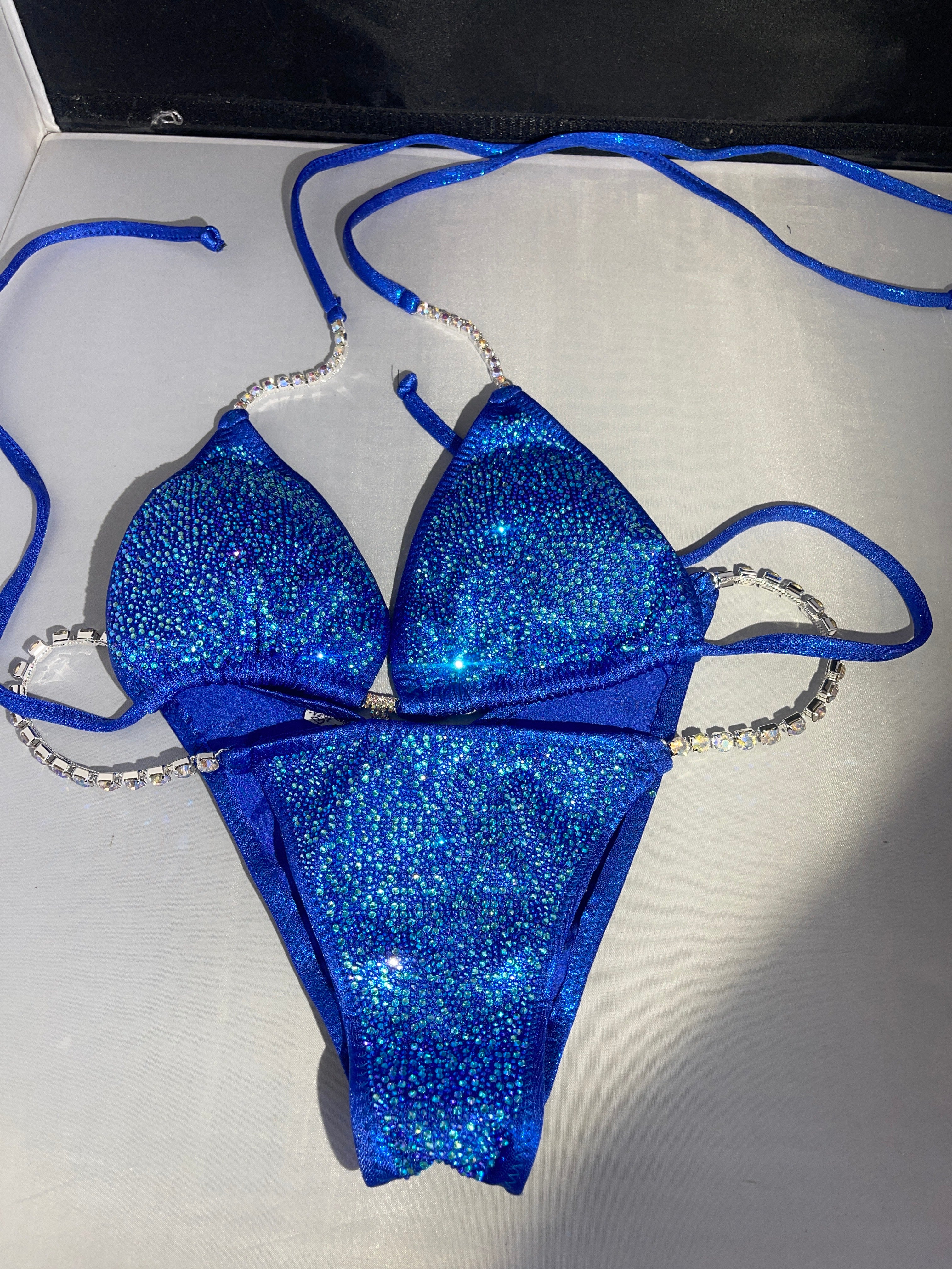 Blue & Turquoise Rhinestone Bikini Competition Suit - 3-Layer Color Effect for Swimwear Pageants & Poolside Glamour