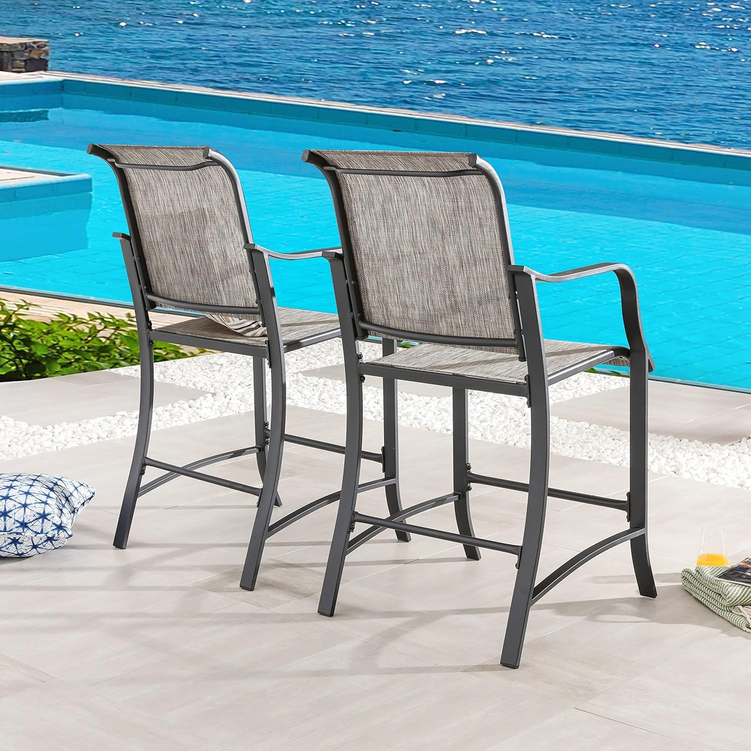 LOKATSE HOME 2-Piece Outdoor Counter Height Bar Stools Set - Metal Patio Armchairs with Backrest, Grey - Perfect for Backyard, Deck, Garden & Poolside Dining