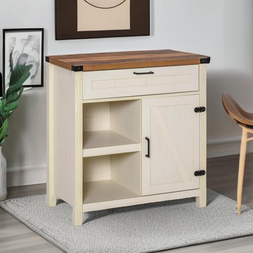 HOMCOM Farmhouse Sideboard Buffet Cabinet with Rustic Barn Doors - White Distressed Wood Kitchen Storage Cabinet for Dining Room, Living Room & Entryway - Perfect for Home Decor & Organizing Dishes, Linens & More