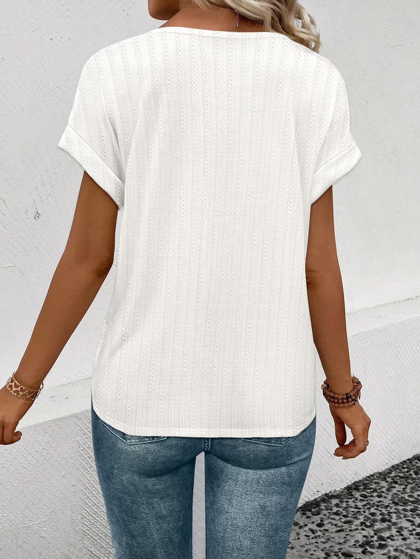 KKJ Women's V-Neck Textured Short Sleeve T-Shirt - Loose Fit Casual Cute Top for Spring Summer 2025 | Trendy Outfit for Everyday Wear, Date Nights & Weekend Getaways