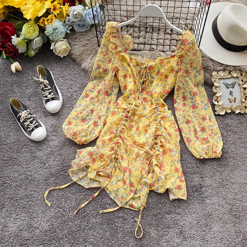 French Retro Sweet Square Neck Floral Chiffon Dress - Elegant Vintage Style Summer Dress for Women, Perfect for Garden Parties, Weddings & Date Nights
