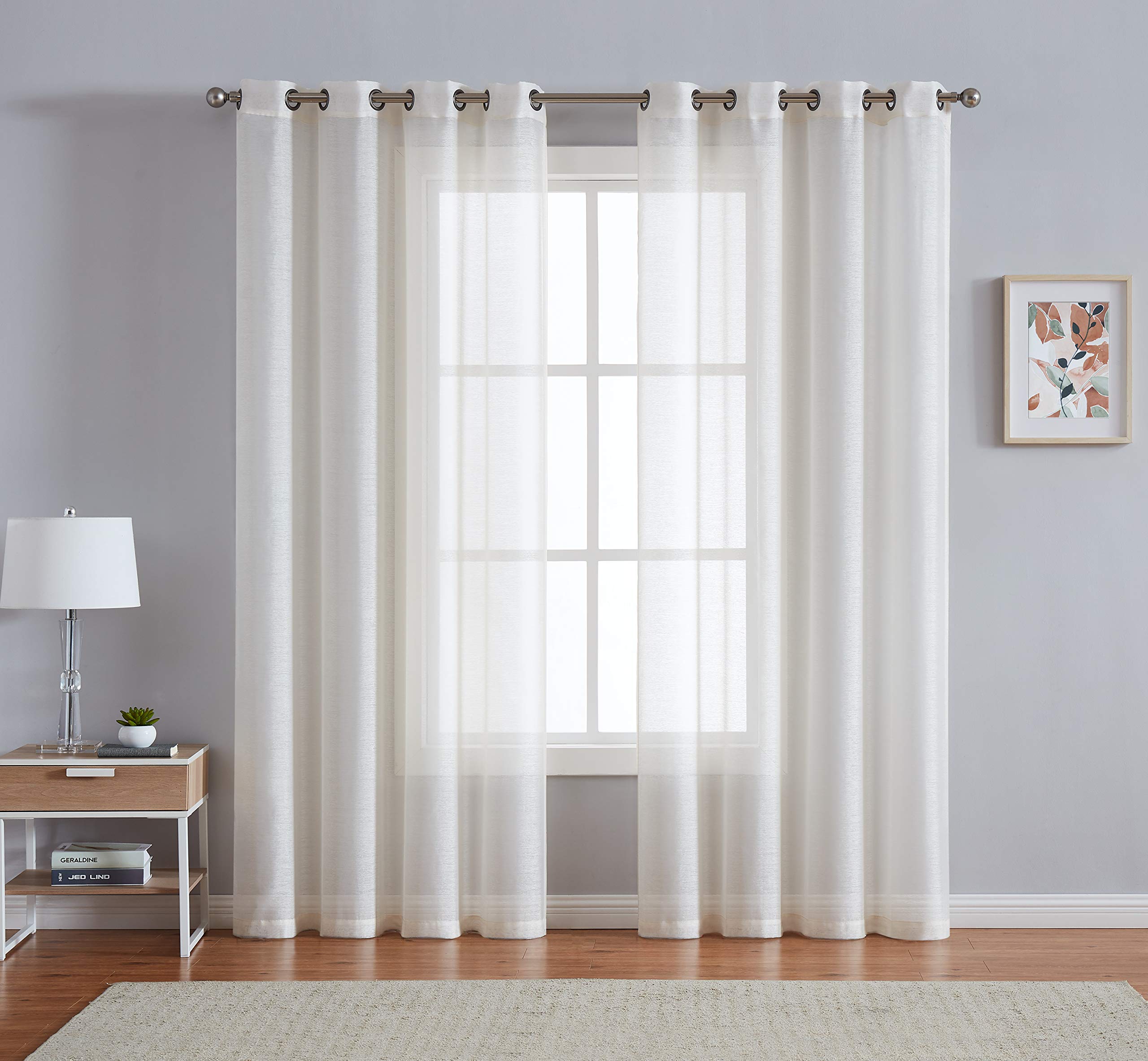 LinenZone Sheer Beige Curtains - 2 Panels Faux Linen Window Drapes 54x84 Inches for Living Room, Bedroom, Kitchen & Nursery - Light Filtering Elegant Home Decor for Natural Light & Privacy