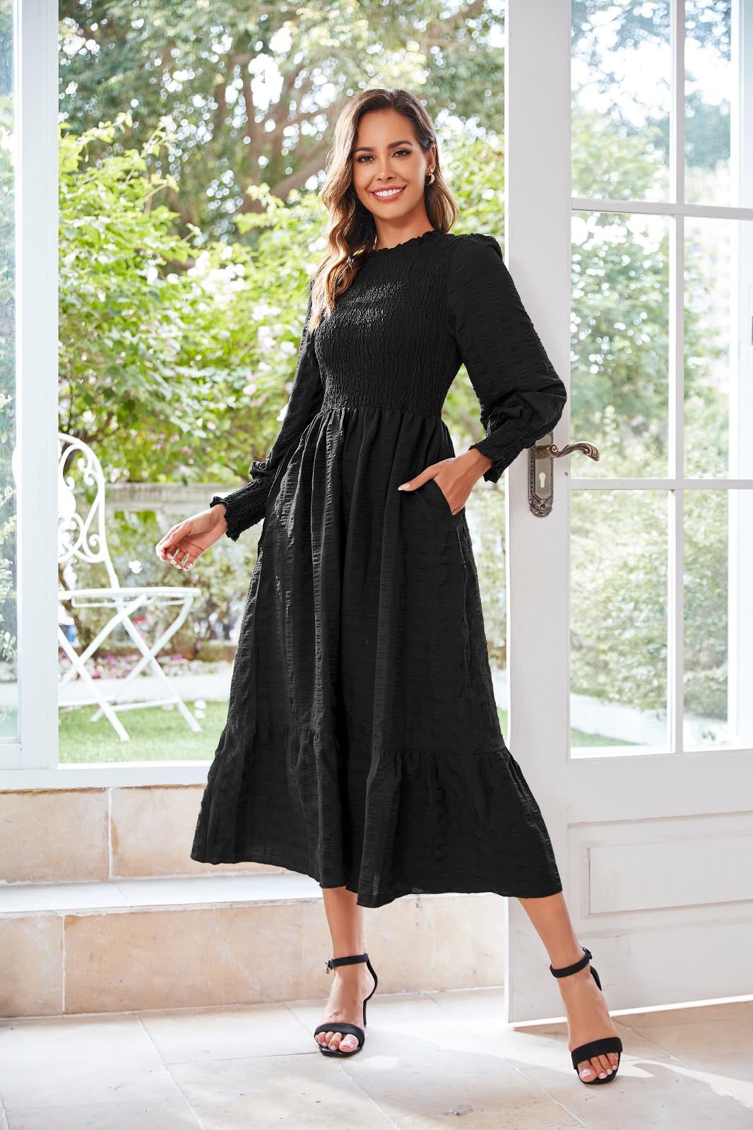 **Women's 2025 Spring & Fall Midi Dress - Casual Long Sleeve Crew Neck Smocked Tiered Flowy Dress with Pockets - Perfect for Work, Date Night & Outdoor Events**