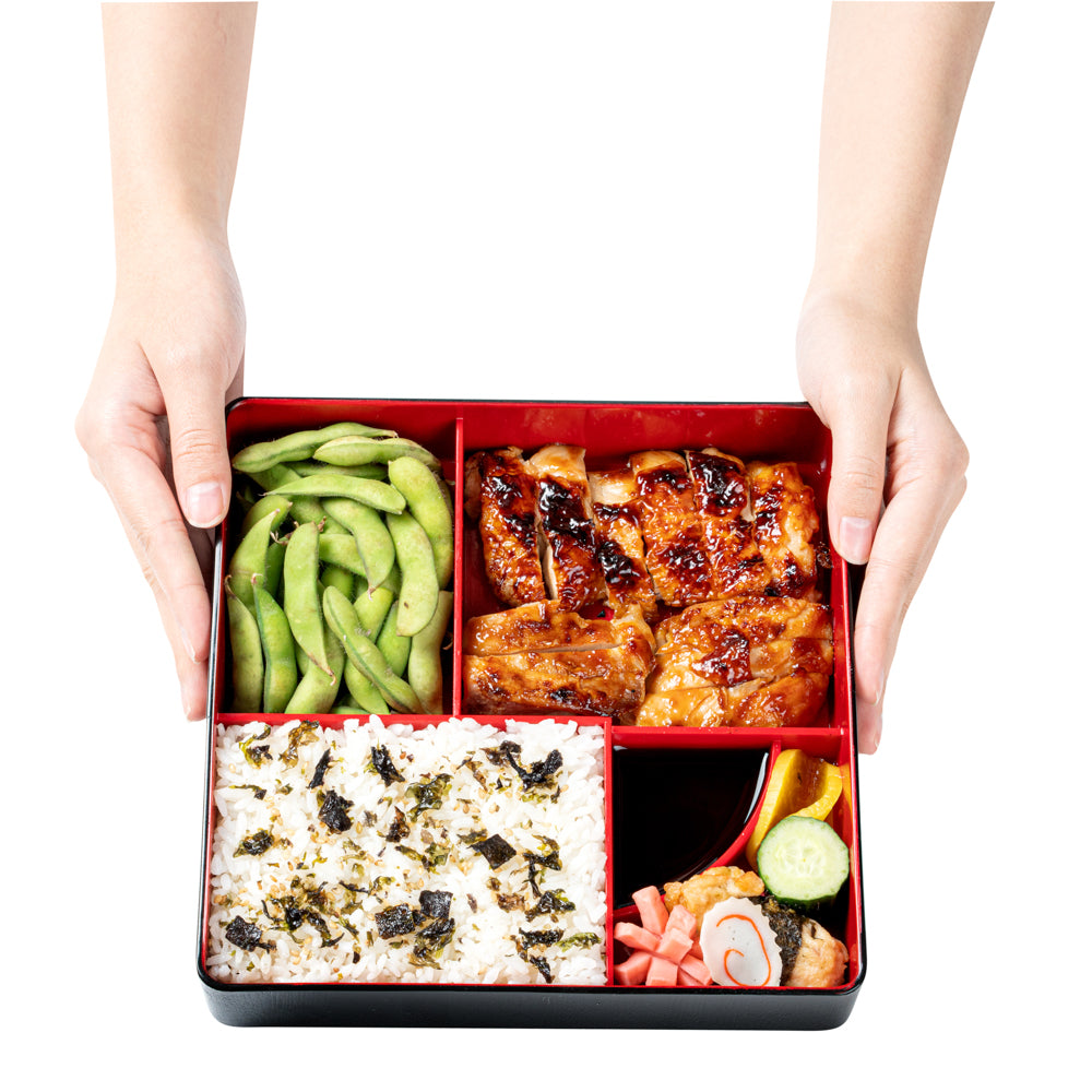 Premium Japanese Bento Box - 5 Compartment Black & Red Lunch Container (8.25