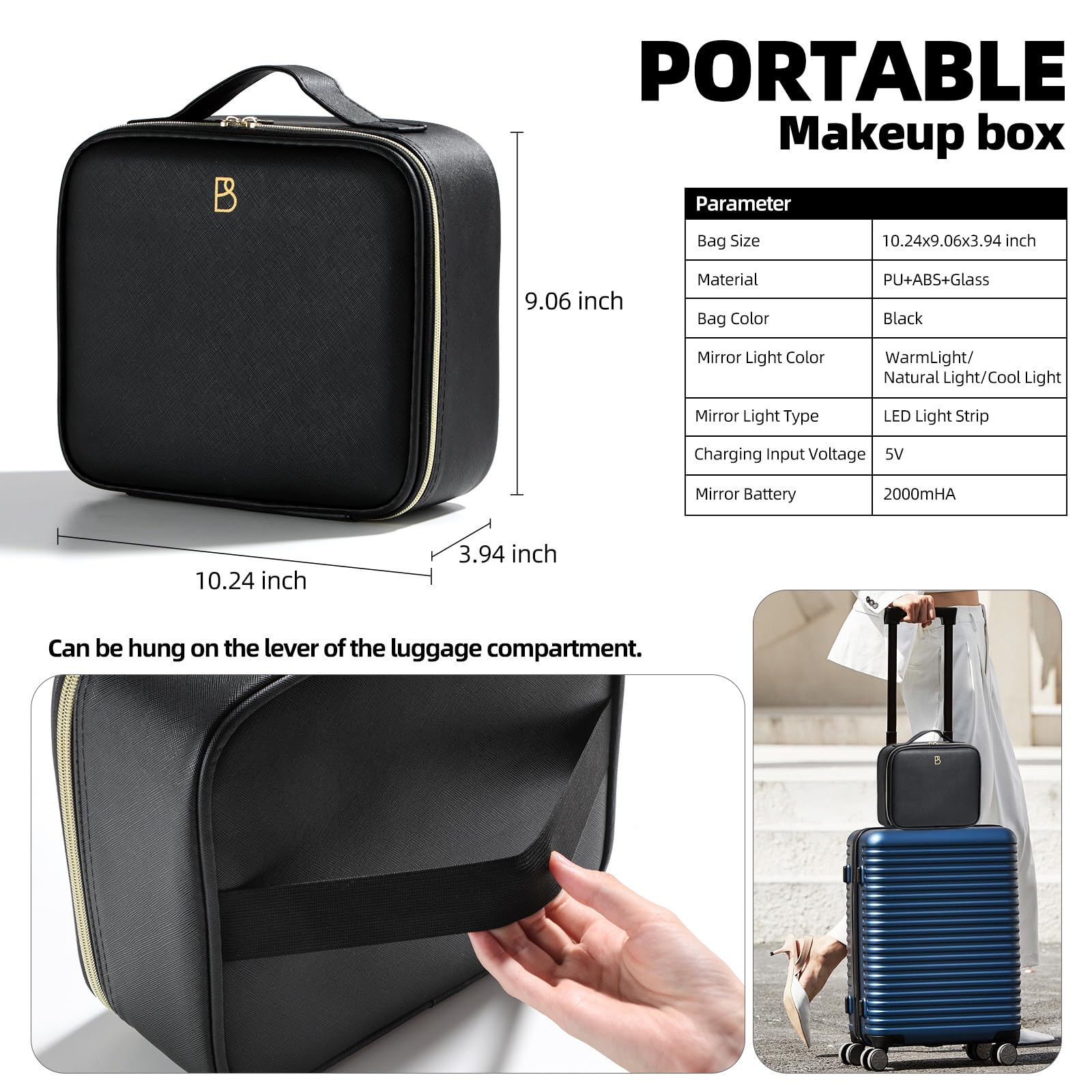 BS-MALL Professional Makeup Brush Holder Case with LED Mirror - Portable Cosmetic Organizer Bag for Travel & Home Use - Perfect for Makeup Artists & Beauty Enthusiasts