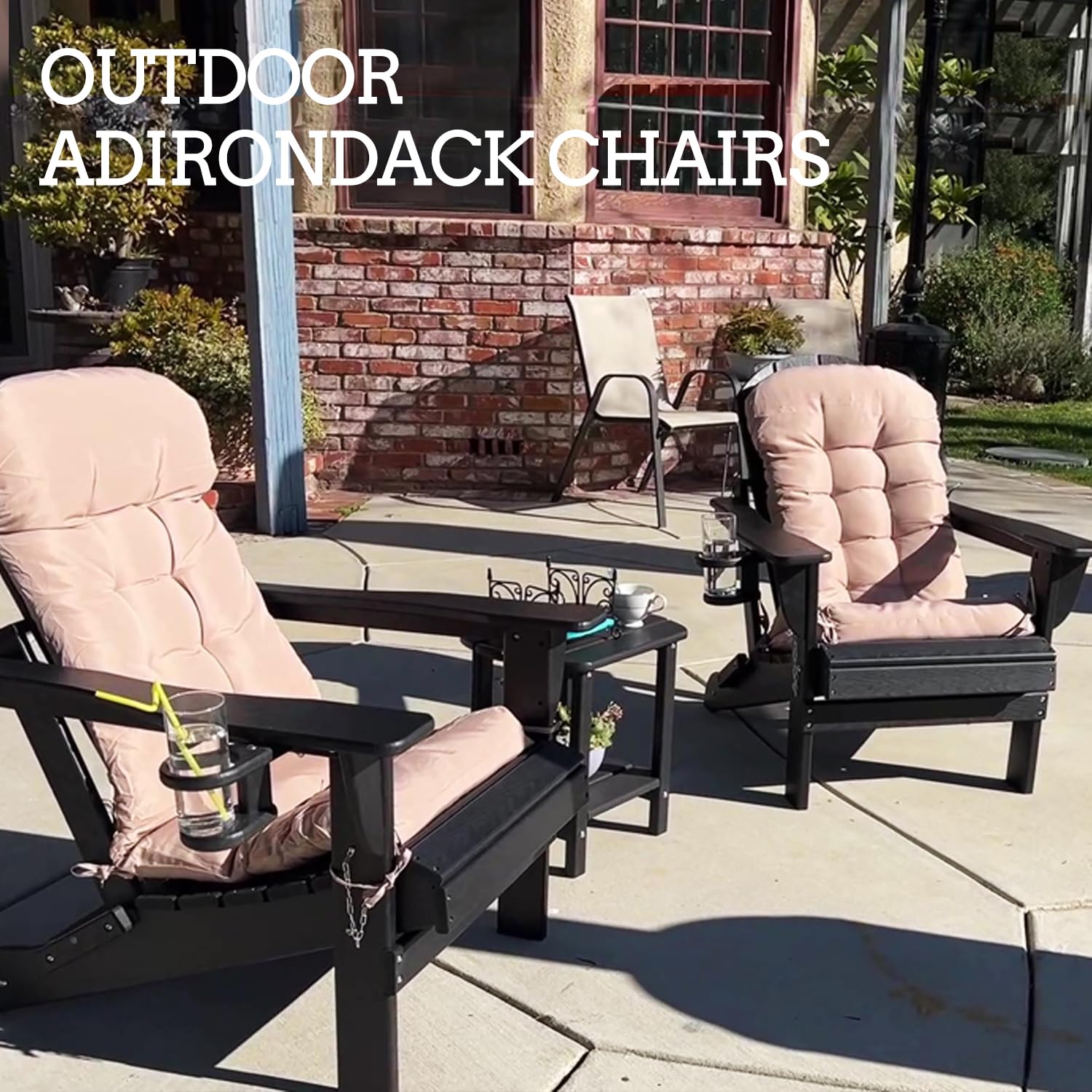 Nalone 2-Pack Folding Adirondack Chairs with Cushions & Cup Holders - Heavy Duty HDPE Plastic Oversized Patio Furniture Set, Weatherproof Outdoor Lounge Chairs for Backyard, Deck, Garden, Poolside & Campfire (Black)