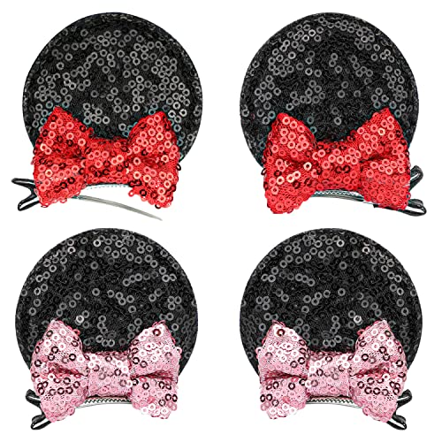 4 Pcs Mickey Mouse Ears Hair Clips - Sparkly Sequin Minnie Ears Hair Accessories for Women, Girls, Kids & Adults - Perfect for Disney Theme Parties, Cosplay & Costume Events