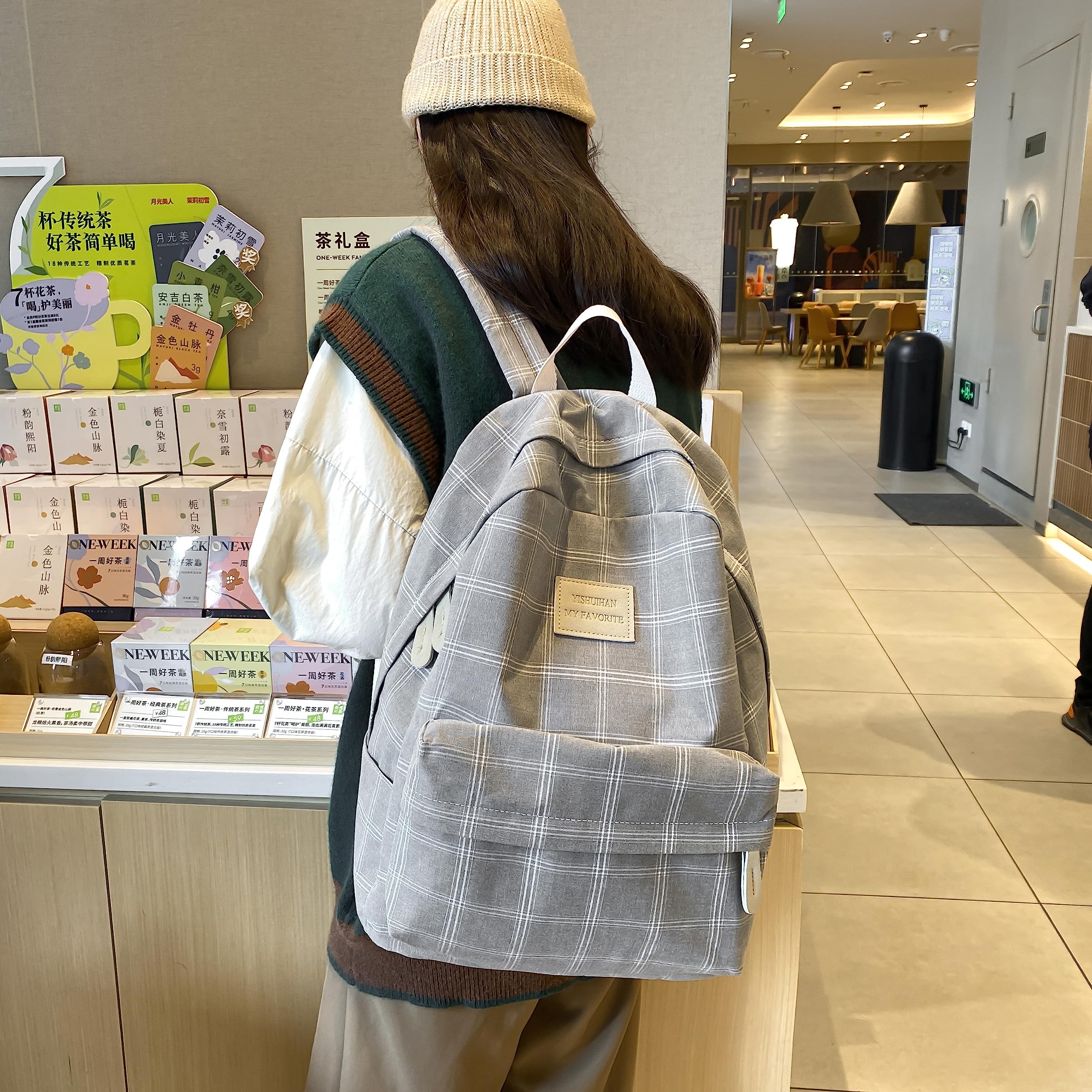 JHTPSLR Light Academia Aesthetic Backpack - Plaid Preppy School Bag for Teen Girls - Vintage Bookbag with Laptop Compartment - Perfect for College, High School & Travel (Light Grey)
