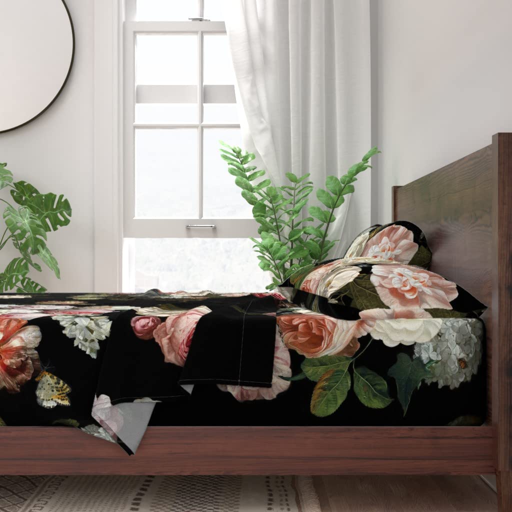 100% Cotton Twin 3-Piece Sheet Set | Moody Floral Black Romantic Goth Vintage Victorian Print Bedding | Soft & Breathable for Cozy Sleep | Perfect for Gothic, Vintage, or Boho Bedroom Decor