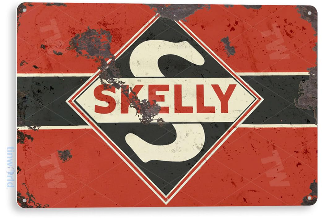 Vintage Tin Sign C346 - Retro Skelly Red Tagoline Gas Station Metal Wall Decor for Garage, Man Cave, Auto Shop | Rustic Americana Style | Perfect for Home & Office Decor