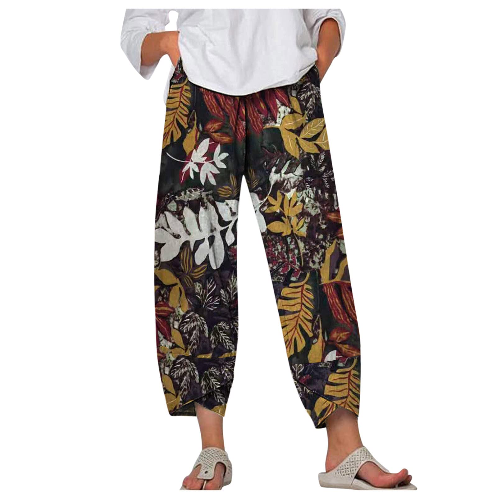 Women's Cotton Linen Harem Pants - Wide Leg Cropped Boho Pants with Pockets | Floral Printed Summer Beach Pants | Perfect for Yoga, Travel & Casual Wear