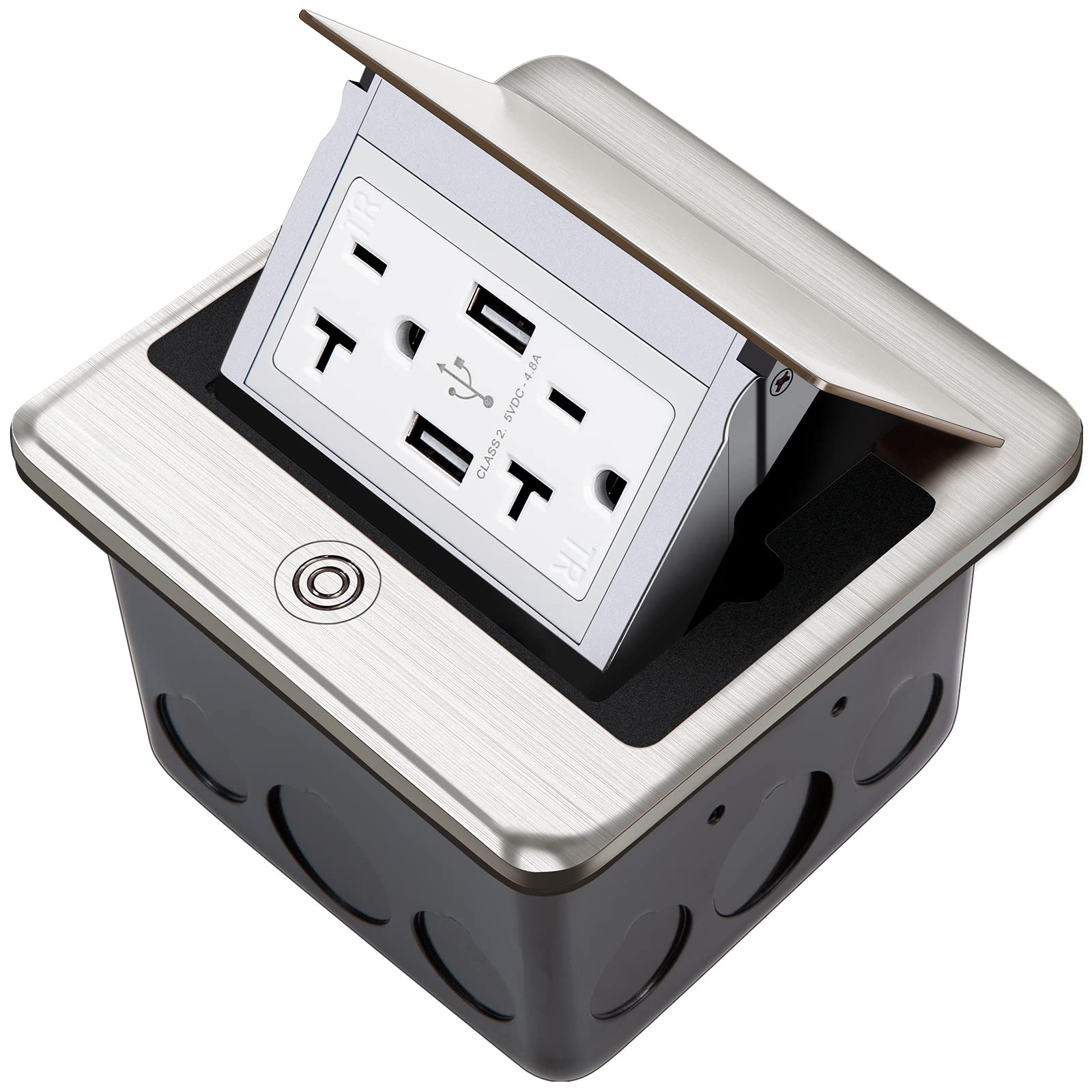 Vagueior Recessed Floor Electrical Outlet Kit - Waterproof & Tamper-Resistant, 20A Outlet + 4.8A USB Charger, Slow Elastic Damping, ETL Certified Stainless Steel - Ideal for Home Theater, Office & Outdoor Patio Use