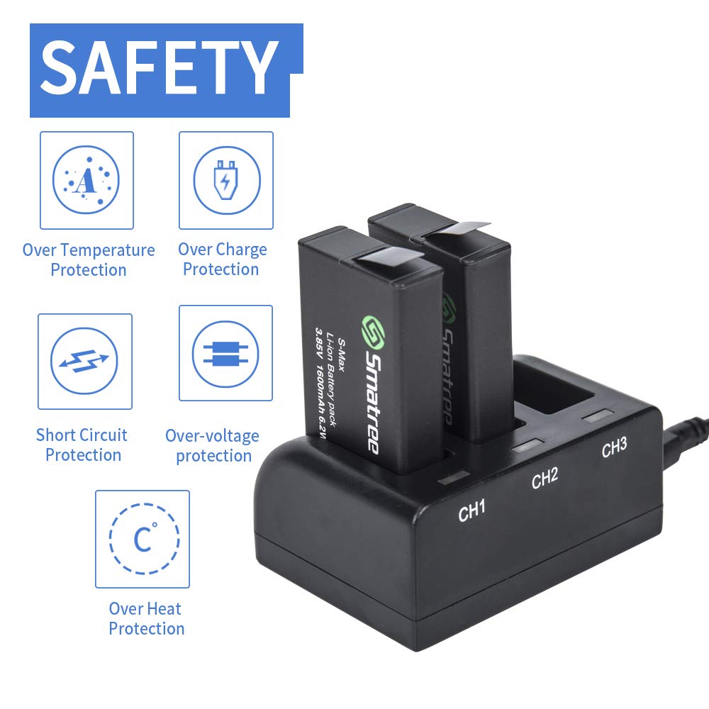Smatree 2-Pack Replacement Battery with 3-Channel Fast Charger for GoPro Hero Max - Perfect for Extended Outdoor Adventures, Travel Vlogging & Action Sports Recording