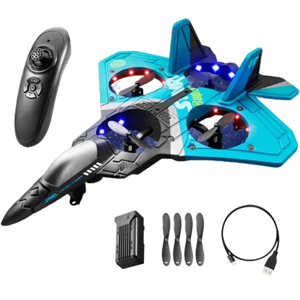 V17 Jet Fighter Stunt RC Airplane - 2023 Upgraded 2.4GHz 6CH Remote Control Aircraft with 360° Aerobatic Spins & LED Lights | Blue Fighter Plane Glider Toy for Adults & Kids | Outdoor Hobby Gifts for Birthday, Christmas & RC Enthusiasts