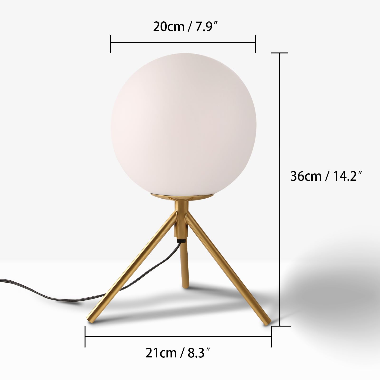 Gold Tripod Table Lamp with Milky Glass Globe - 14.2 Inch Plug-in Corded Bedside Lamp for Bedroom, Living Room, Study & Office - Elegant Nightstand Lighting for Reading & Home Decor