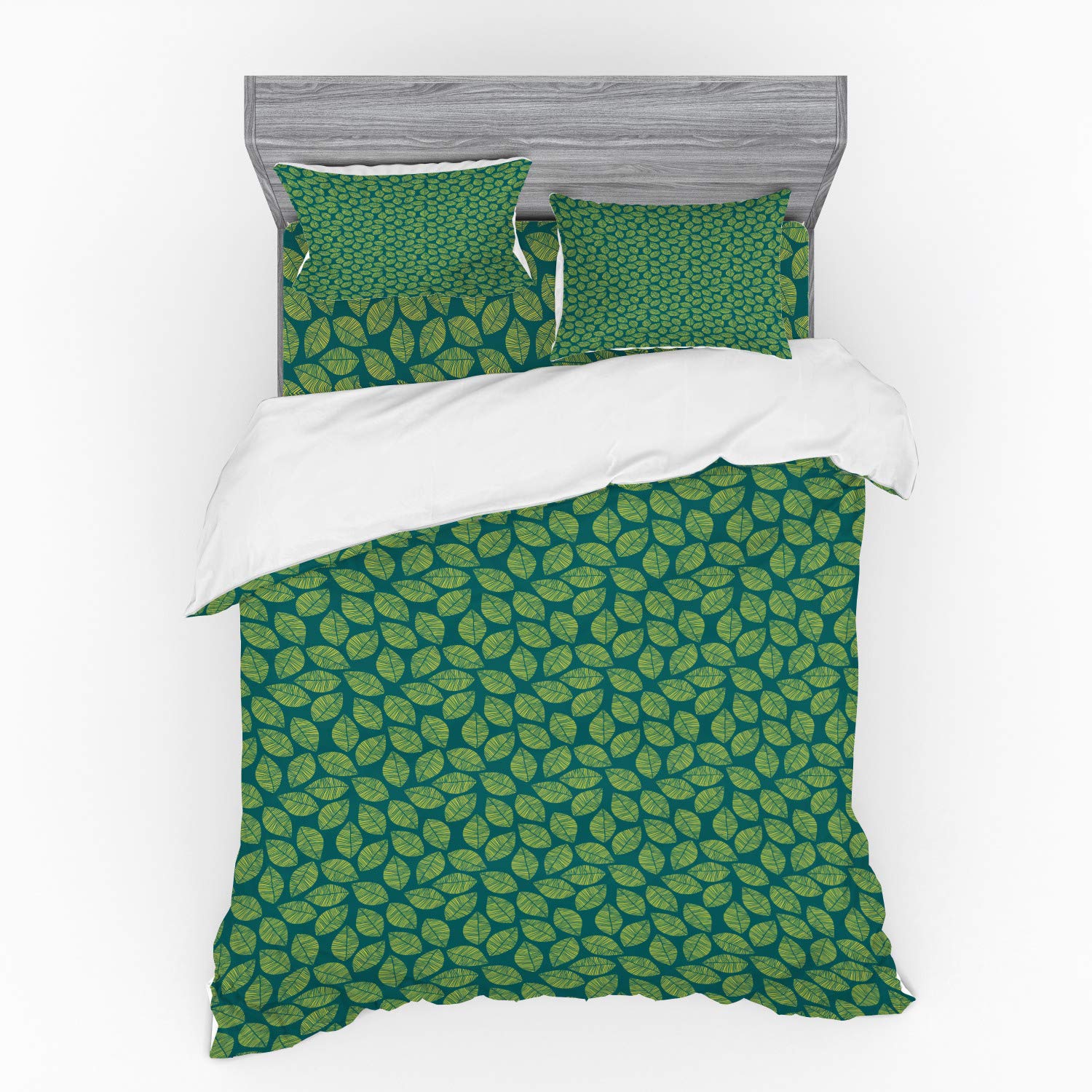 Ambesonne Tropical Leaves Botanical Bedding Set - 4 Piece Queen Duvet Cover with Shams & Fitted Sheet - Yellow Green Dark Teal Nature Print - Perfect for Spring Refresh & Boho Bedroom Decor