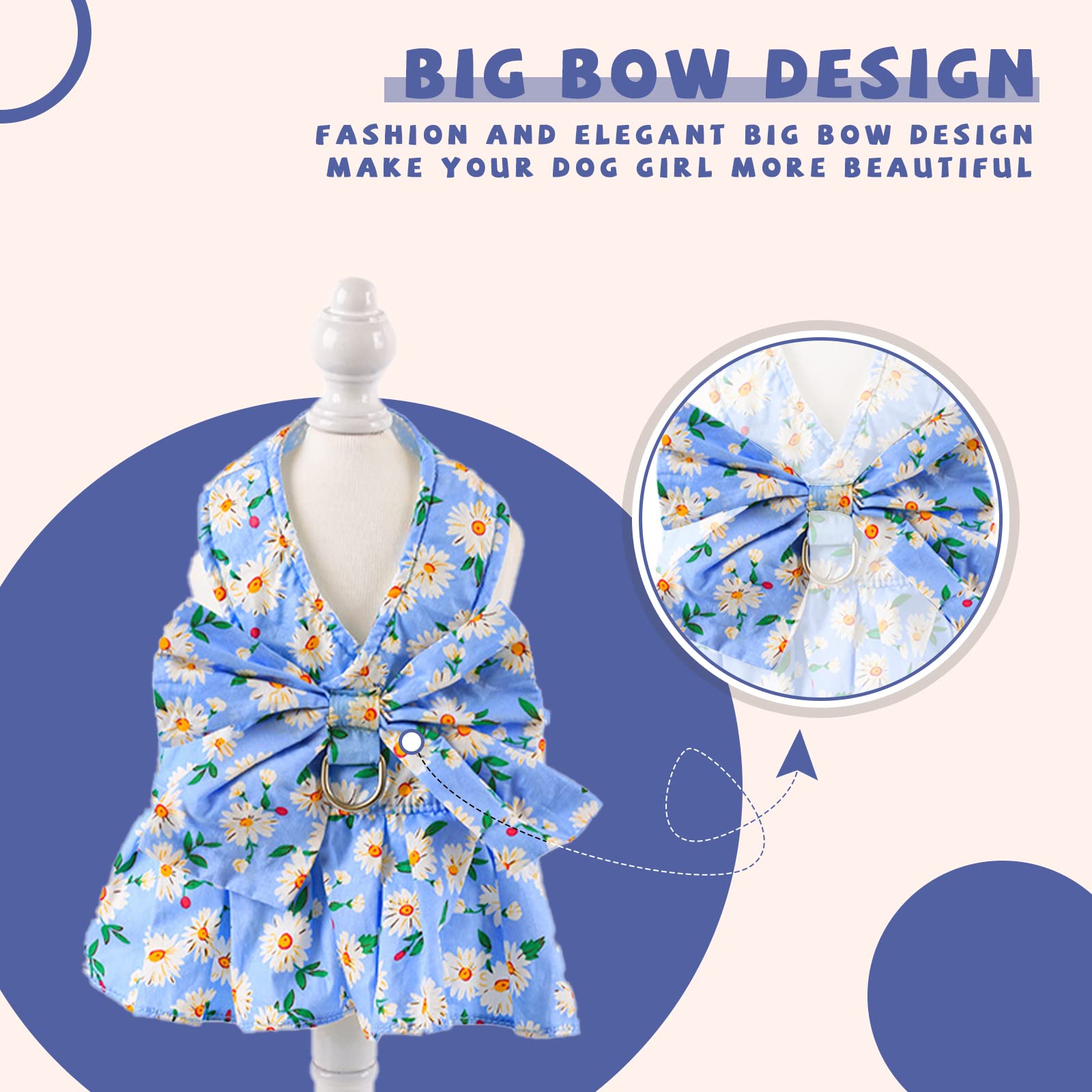 Cute Daisy Floral Dog Dress with Bowknot Harness & Leash Set - Breathable Spring Summer Outfit for Small Dogs & Cats (Blue, Medium) | Perfect for Puppy Princess Costumes, Pet Fashion & Outdoor Adventures