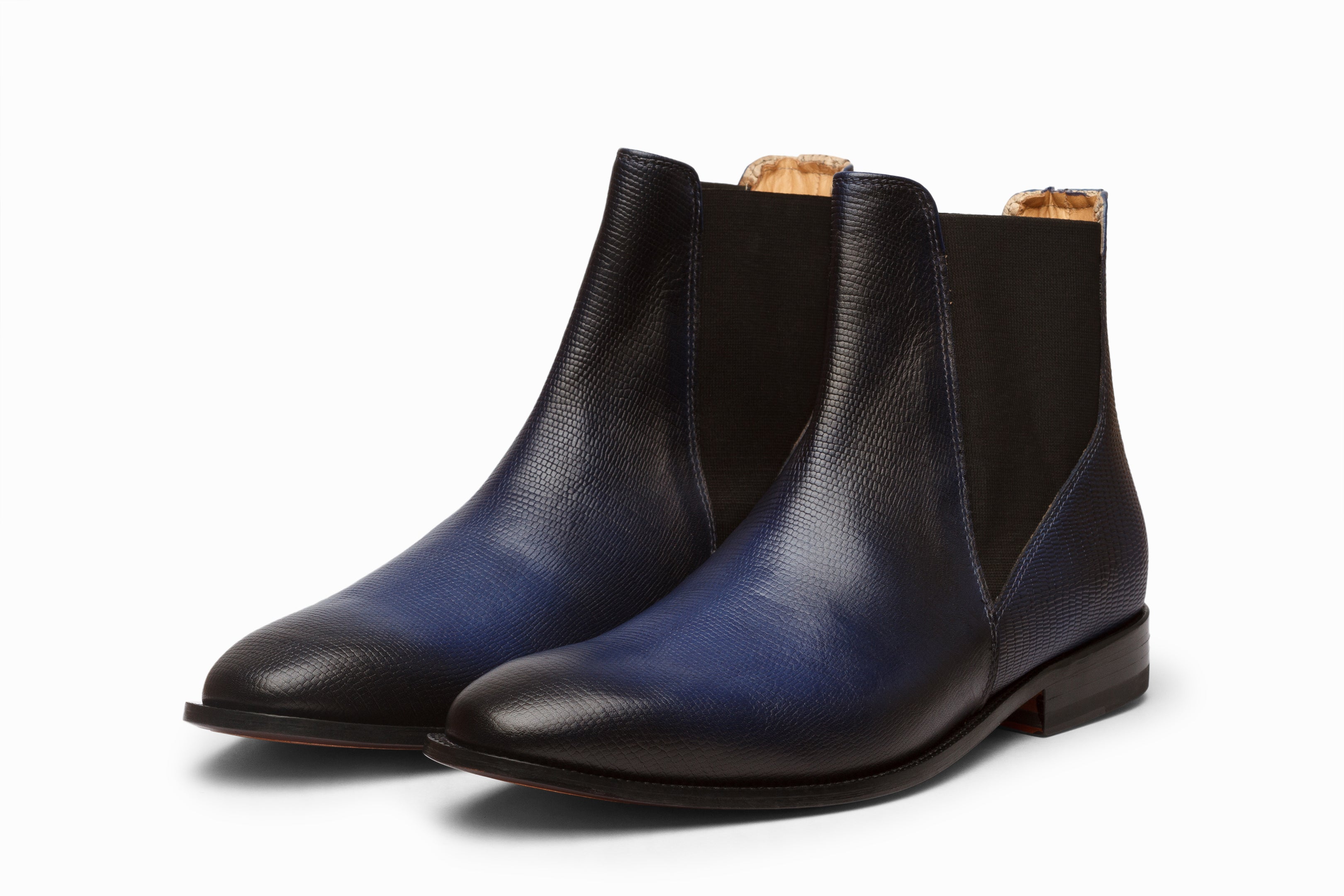 Lizard Skin Print Chelsea Boots for Women - Blue Patina Leather Ankle Boots - Stylish & Comfortable for Casual Outfits, Office Wear & Night Out