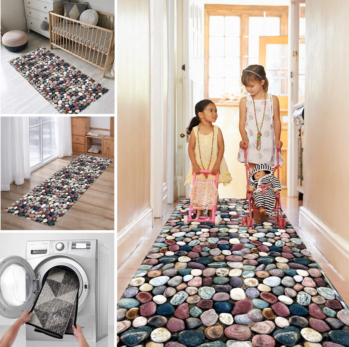 Yurun Distressed Throw Rug Runner - Non-Slip 2x3 Feet Small to Large Area Rugs for Bathroom, Kitchen, Bedroom & Living Room Floors - Includes 8 Carpet Stickers for Secure Placement