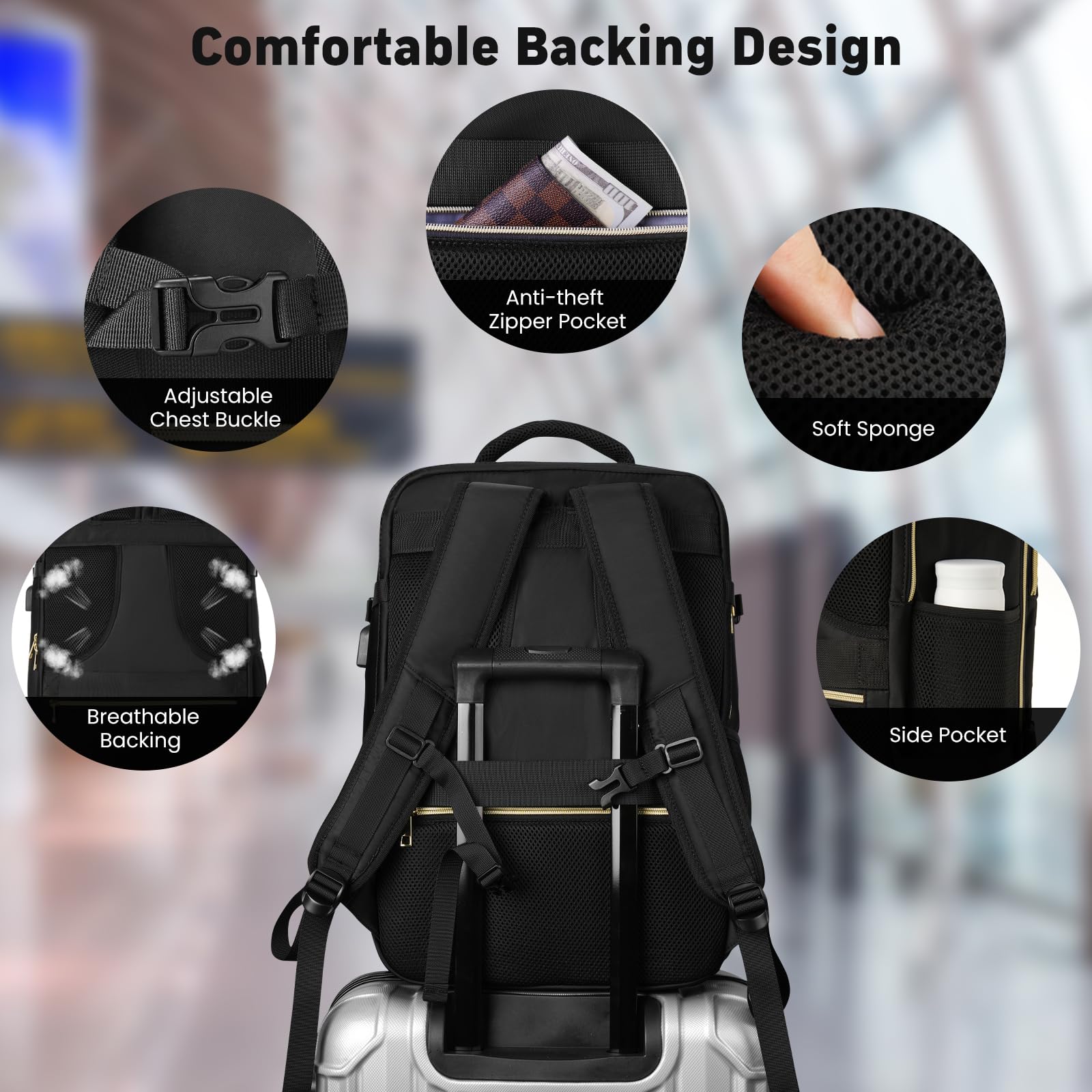 Women's Travel Backpack 40L - TSA Approved Carry On Backpack, Waterproof Flight Approved Laptop Backpack Fits 17 Inch Computer - Perfect for Business Trips, Weekend Getaways & Airplane Travel (Black)