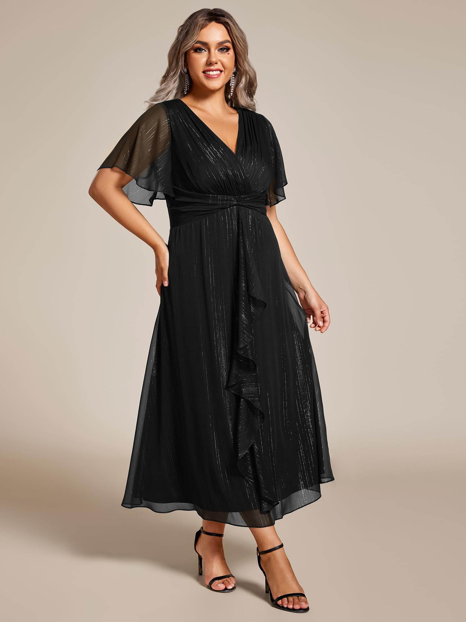 Ever-Pretty Plus Size Women's V-Neck Pleated A-Line Midi Dress - Short Sleeve Semi-Formal Dress for Weddings, Parties & Office Wear (Style 02131-DA)