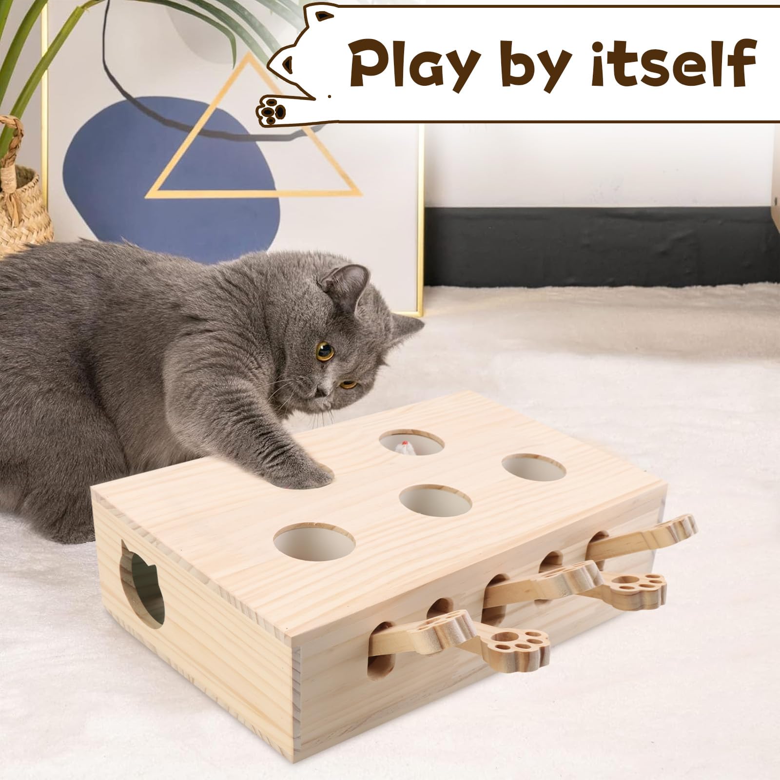 5-Hole Whack a Mole Wooden Cat Toy - 3-in-1 Interactive Cat Scratcher & Pop-Up Game for Indoor/Outdoor Kittens & Adult Cats - Perfect for Playtime, Exercise and Mental Stimulation