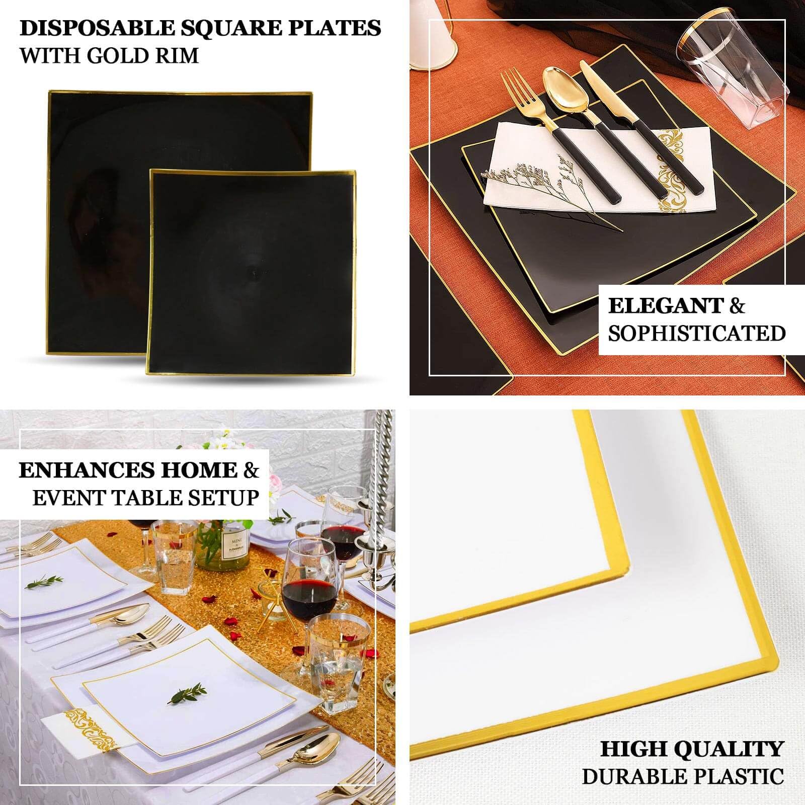 Efavormart 10-Pack 8 Inch Black and Gold Concave Square Plastic Dinner Plates - Disposable Party Plates for Weddings, Birthdays, and Special Events