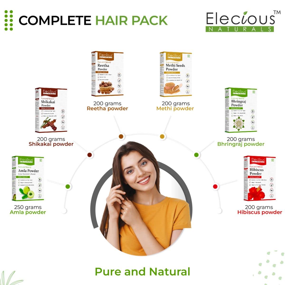 Elecious Naturals Complete Hair Care Combo Kit - 6 Ayurvedic Powders (Amla, Reetha, Shikakai, Methi, Bhringraj, Hibiscus) | 100% Natural & Chemical-Free | Strengthens Hair, Reduces Hair Fall, Promotes Growth | For Shiny, Silky & Healthy Hair | Perfect for Daily Hair Care & Scalp Treatment