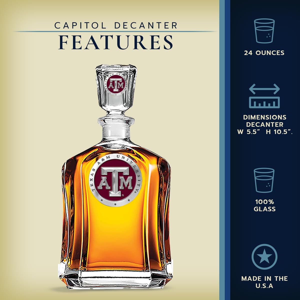 Texas A&M Capitol Whiskey Decanter 24oz - Handcrafted Pewter Glass Liquor Decanter with Airtight Stopper - Perfect for Bourbon, Scotch & Gift Giving - Elegant Home Bar Accessory for Whiskey Lovers