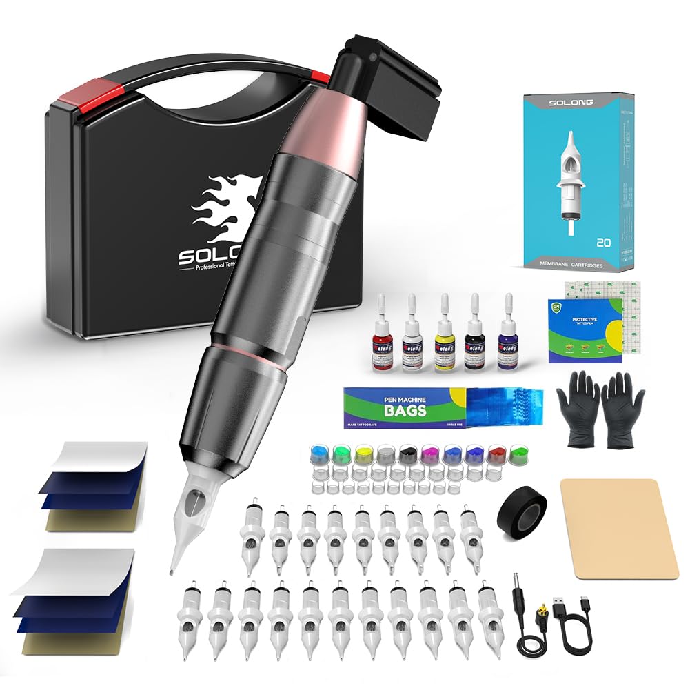 Solong 1500mAh Wireless Tattoo Machine Kit - Professional Cordless Tattoo Gun with 20pcs Needle Cartridges & Carry Case | Perfect for Tattoo Artists & Studio Work | Includes Aftercare Bandage