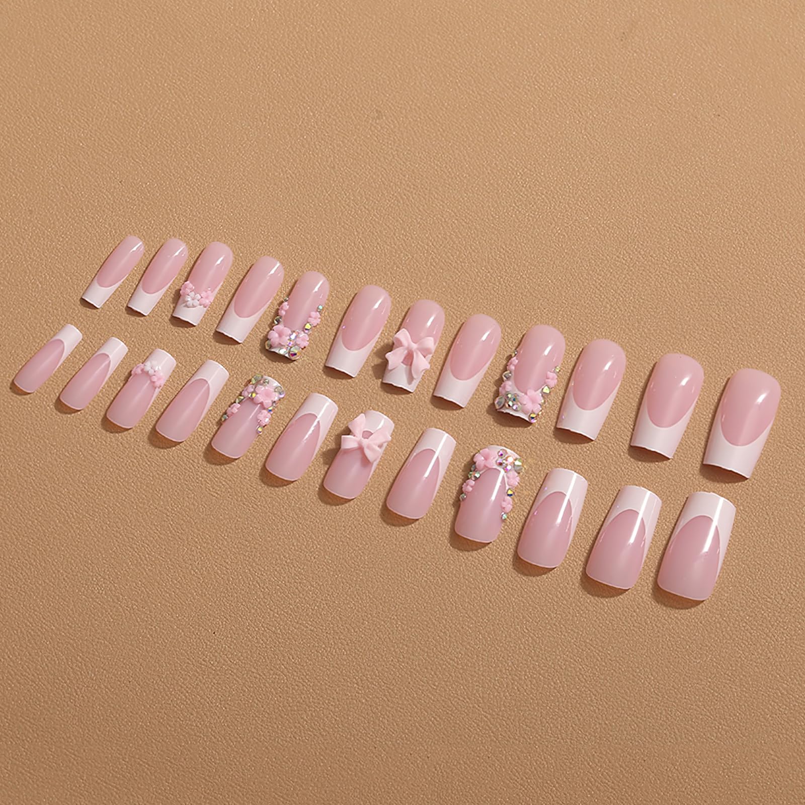 3D Bow Flower French Tip Press on Nails - Medium Square Fake Nails with Rhinestones | Glossy Nude Color Acrylic False Nails for Women (24Pcs) | Perfect for Weddings, Parties & Special Occasions