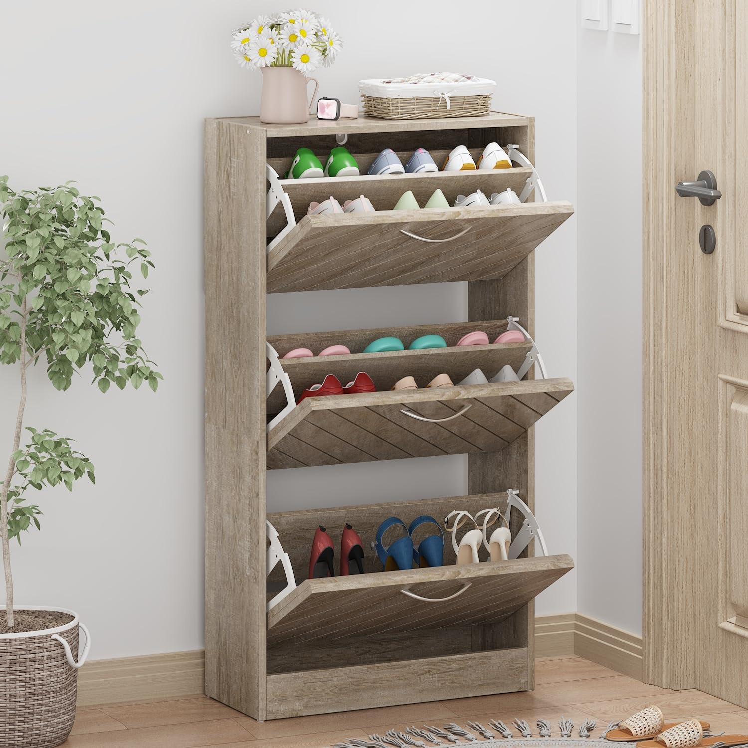 Slim Shoe Cabinet with 3 Drawers - Wooden Entryway Organizer for Small Spaces