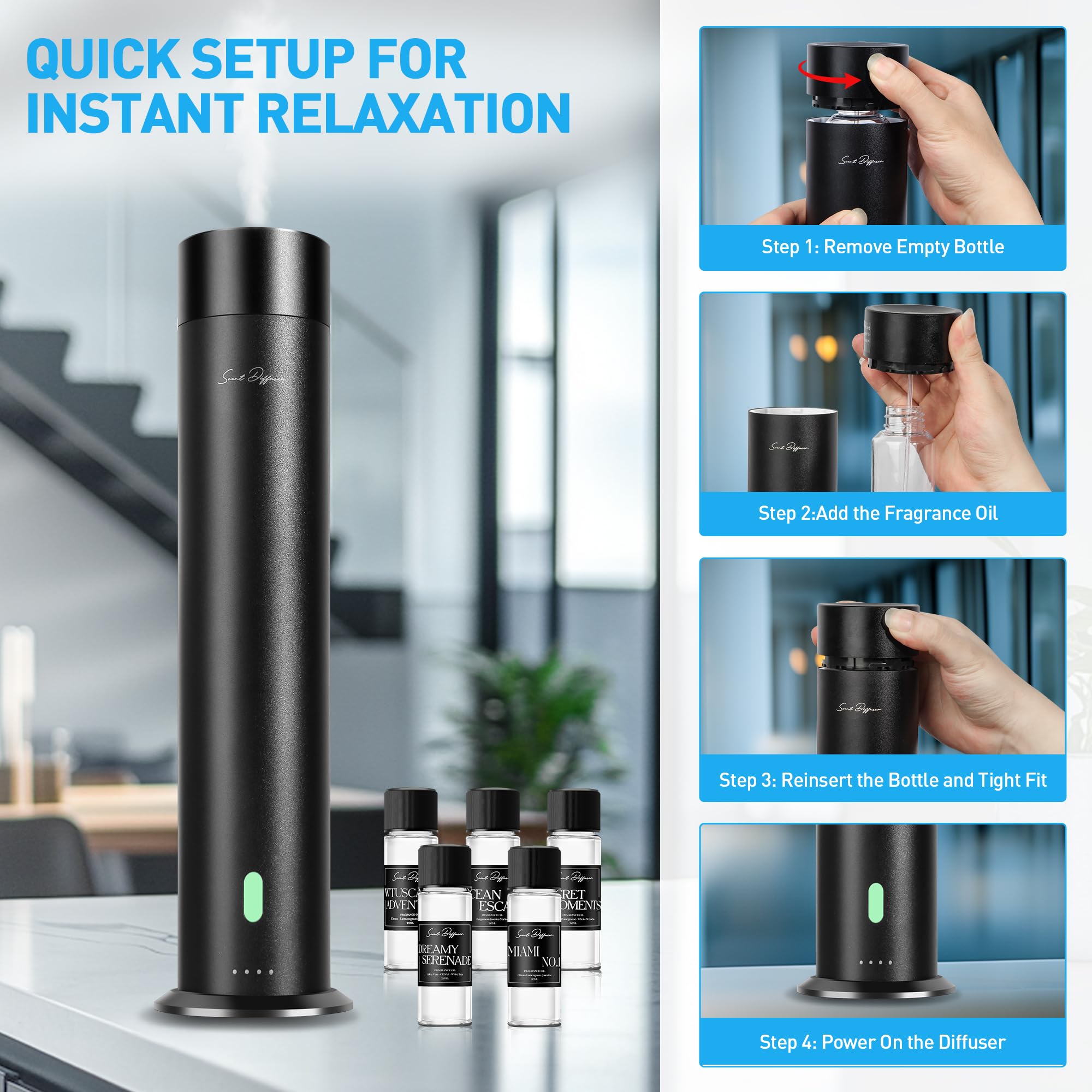 Waterless Scent Diffuser Starter Kit - 1000 Sq Ft Coverage, Hotel & Home Aroma Diffuser with Remote Control, Black (11 Inch) - Perfect for Living Rooms, Bedrooms, Offices, and Spas