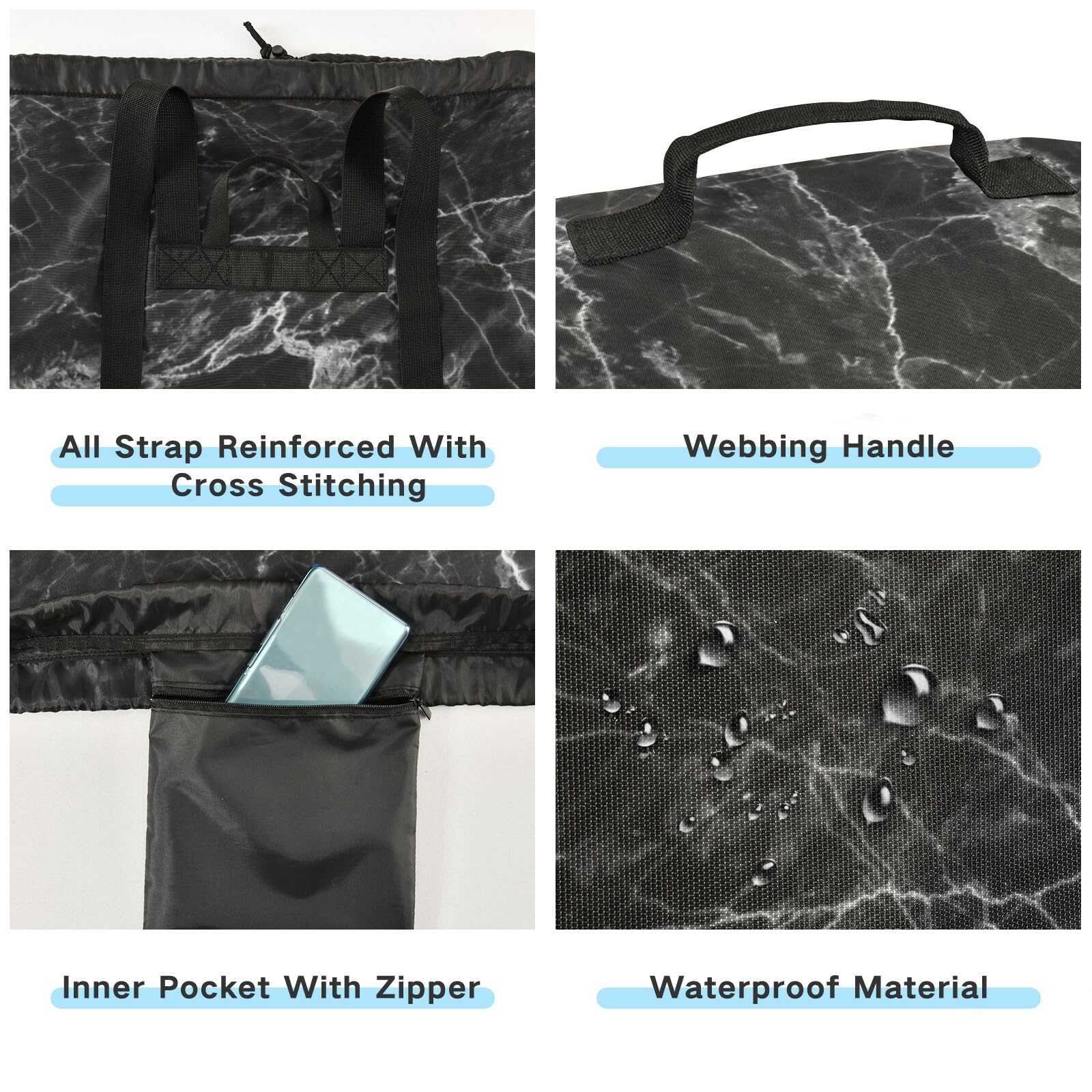 Washable Laundry Backpack - Large Dirty Clothes Bag with Adjustable Shoulder Straps | Heavy Duty Drawstring Travel Laundry Bag for College, Camping & Gym | Black Marble Design for Home & Dorm Organization