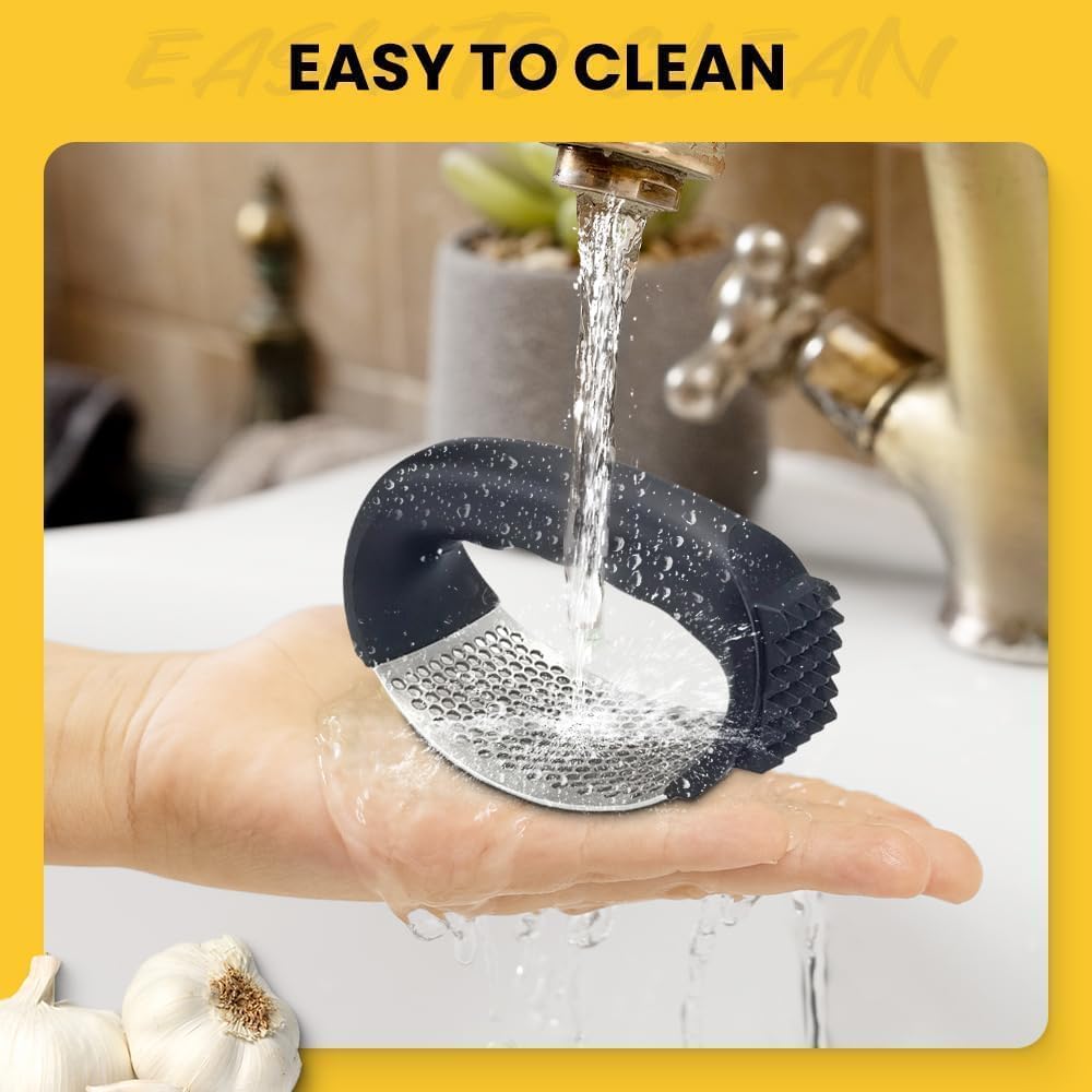 Premium Stainless Steel Garlic Press & Mincer - Heavy Duty Garlic Chopper with Peeler & Cleaning Brush - Professional Kitchen Tool for Crushing Garlic Cloves - Perfect for Cooking, Meal Prep & Italian Cuisine (Black)