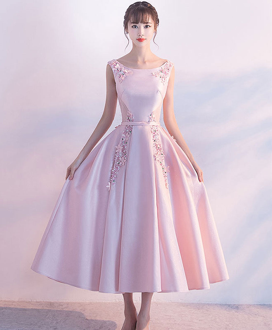 Elegant Pink Satin Lace Tea-Length Prom Dress | Formal Evening Gown for Homecoming, Quinceañera & Special Occasions