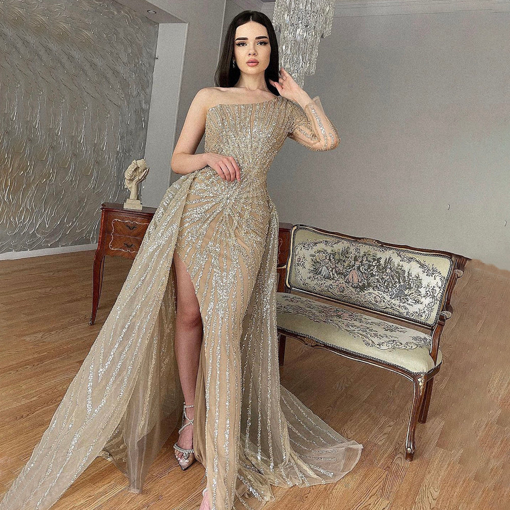 Elegant Beaded One Shoulder Evening Gown with Detachable Skirt - Serene Hill Caramel Mermaid Long Sleeve Dress for Prom, Wedding & Formal Events - Luxury LA71677