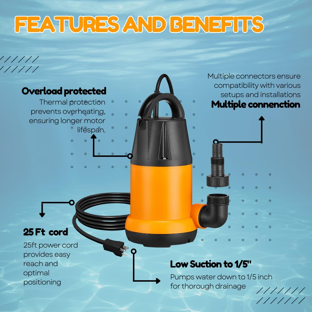 **4000GPH Submersible Sump Pump with 25 Ft. Power Cord - 1.5 HP Heavy Duty Water Pump for Basement, Pool, Pond, Hot Tub & Aquarium Drainage | Flood Prevention & Emergency Water Removal**