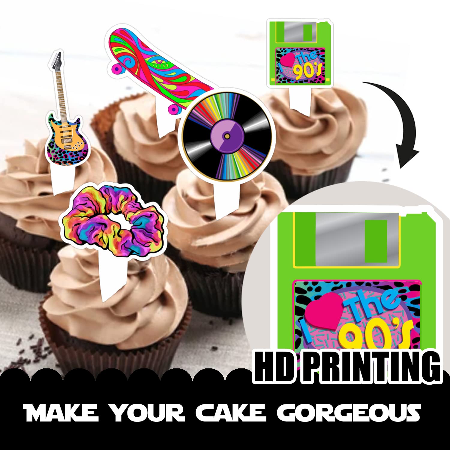 24pcs Double-Sided Retro 90s Rock Roll Cupcake Toppers - Happy Birthday Party Decorations for Boys & Girls - Perfect for Music Themed Parties, Birthday Cakes, and Dessert Decorations