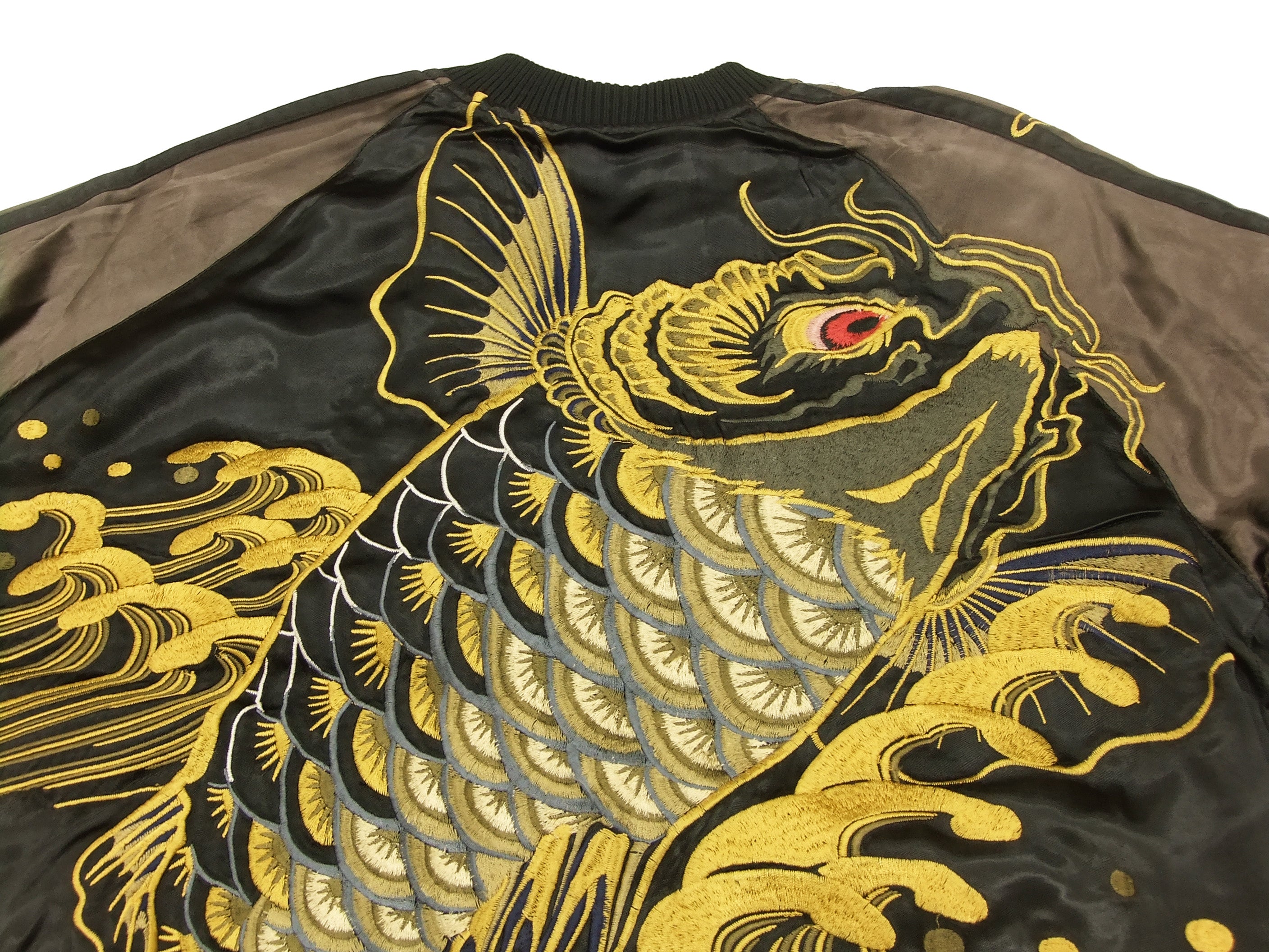 SATORI Japanese Souvenir Jacket - Koi Fish Carp Embroidery Men's Sukajan Bomber Jacket GSJ-015 Black/Brown | Vintage Streetwear, Casual Fashion, Gift for Anime Lovers