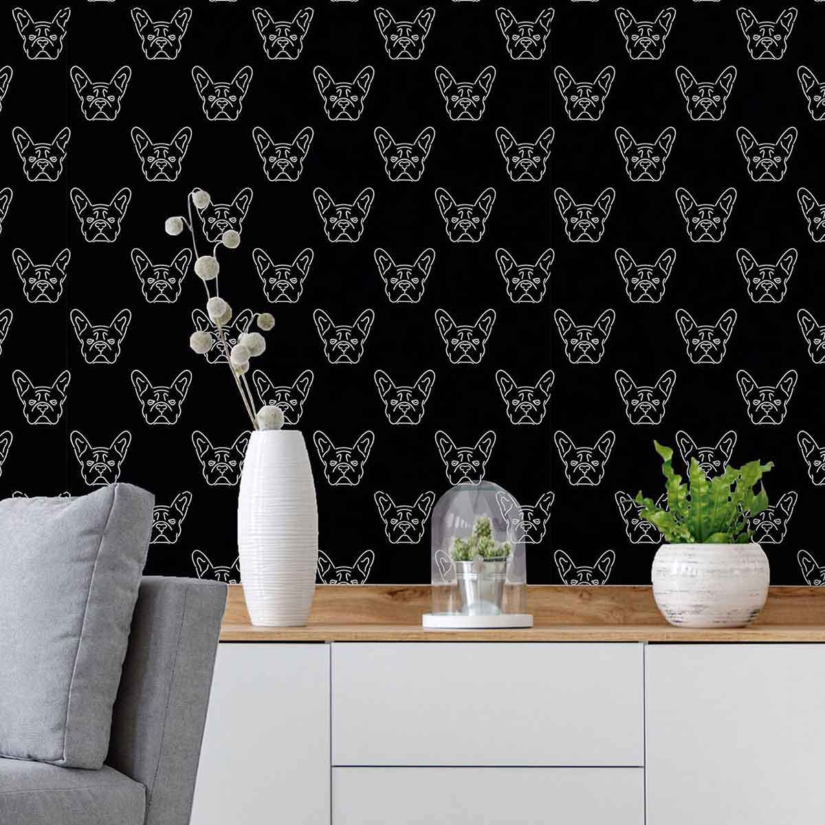 Black and White Dog Pattern Peel and Stick Removable Wallpaper - Self-Adhesive Decorative Wall Covering for Pet Lovers, Nursery, Living Room, Bedroom Decor