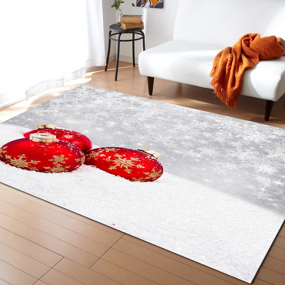 Modern Christmas Snowflake & Ball Non-Slip Area Rug - 5'x8' Washable Soft Floor Carpet for Living Room, Bedroom & Dining Room | Holiday Home Decor & Cozy Winter Interior Design