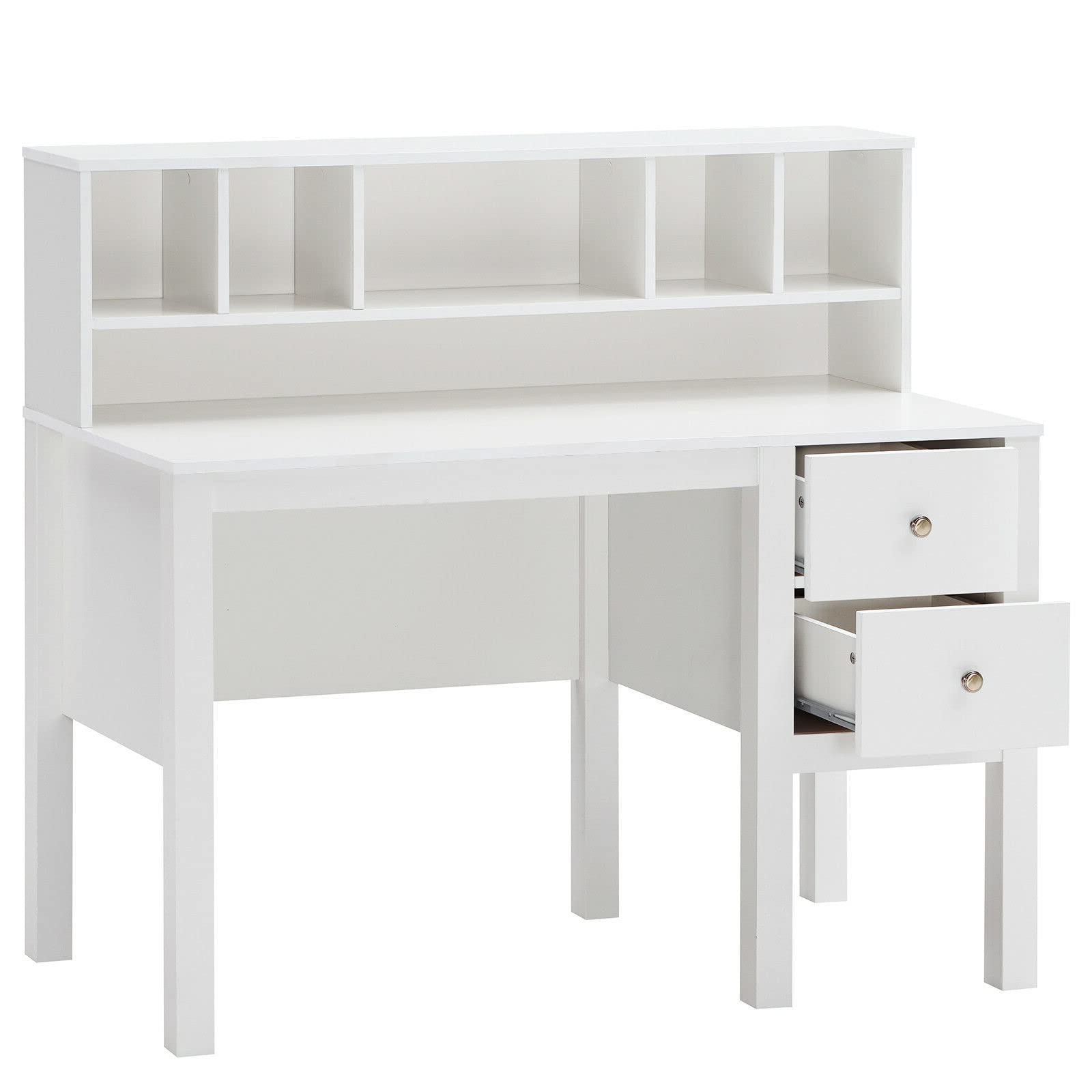 White Computer Desk with Hutch & 2 Slide-Out Drawers - Modern Laptop Workstation, Study Writing Table for Home Office - Spacious Tabletop with Anti-Tipping Straps - Perfect for Small Spaces, Gaming Setup & Remote Work