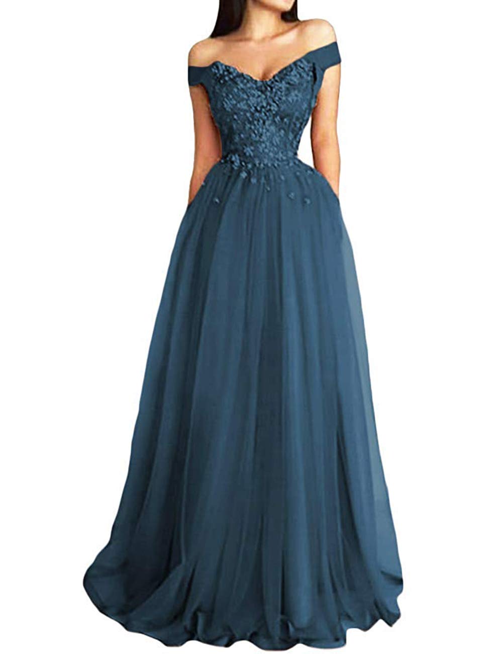 Elegant Lace Prom Dress Long Off Shoulder Formal Evening Gown with Tulle Skirt - Perfect for Homecoming, Ball, Wedding & Special Occasions