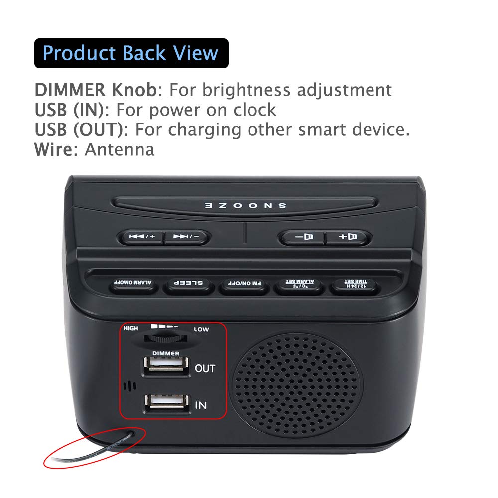 DreamSky Digital Alarm Clock Radio with Large Display, Battery Backup, USB Port & Sleep Timer - Adjustable Brightness, Volume & Snooze - FM Radio with Temperature Display for Bedroom, Office & Travel