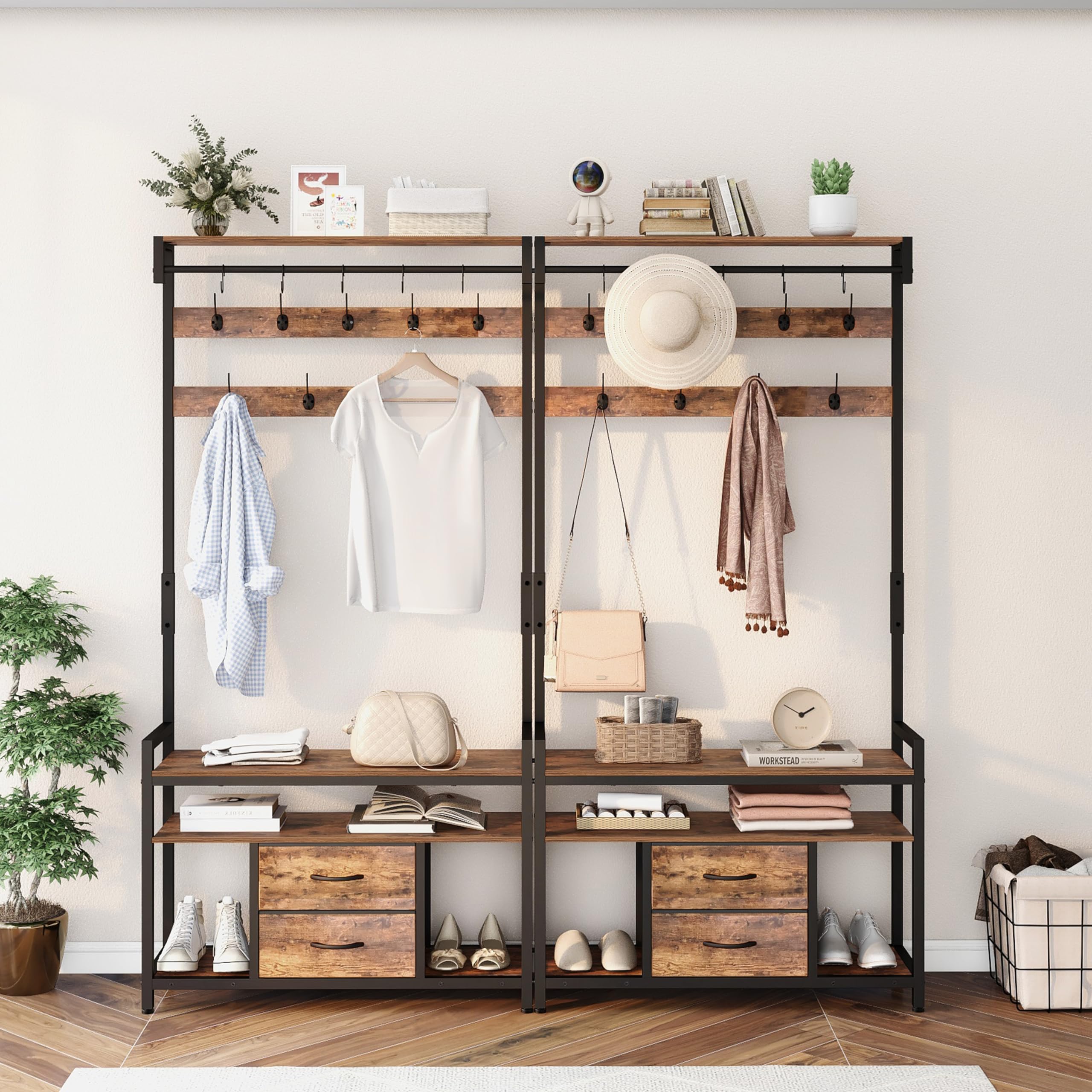 Vintage Brown Hall Tree with Bench & Shoe Storage - Entryway Organizer with Coat Rack, 14 Hooks, 2 Fabric Drawers - Perfect for Hallway, Living Room & Small Space Entry Organization