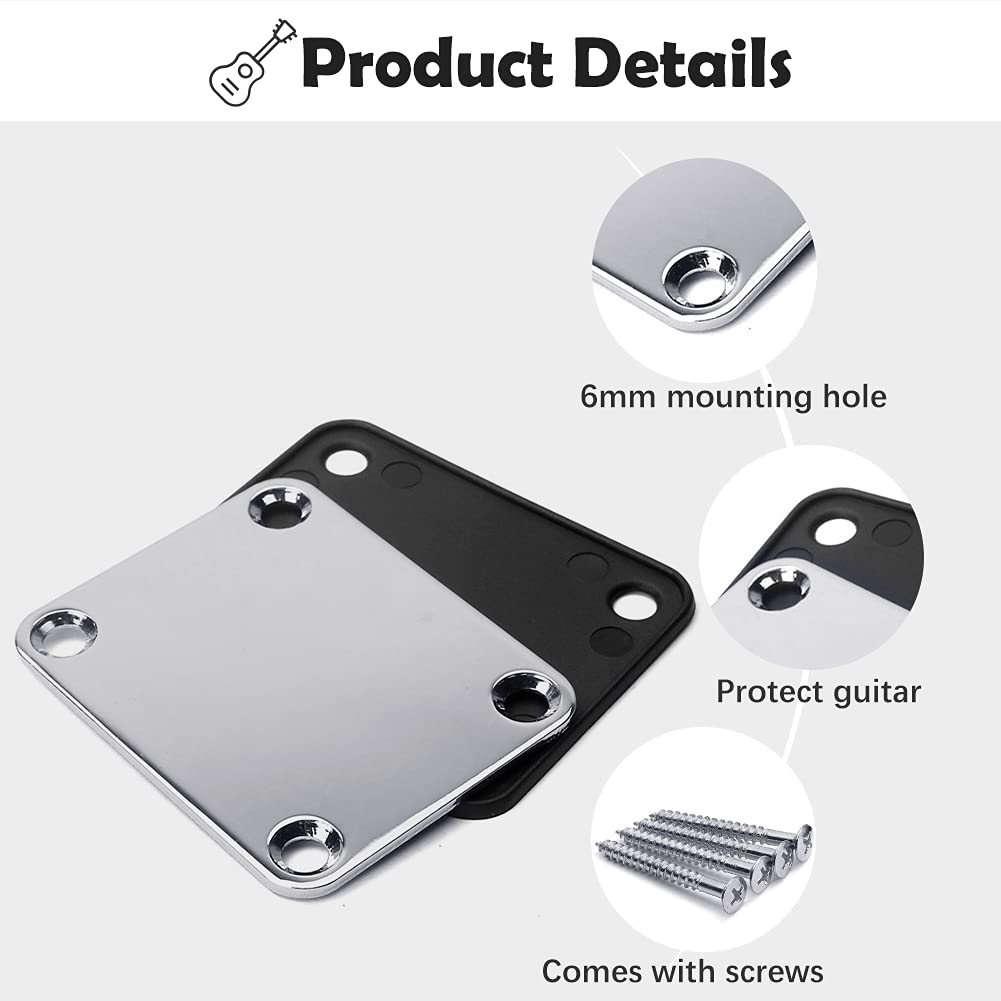Electric Guitar Neck Plate 4-Hole with Screws - Silver Replacement Part for Fender Stratocaster & Bass Guitars | Perfect for DIY Repairs & Upgrades