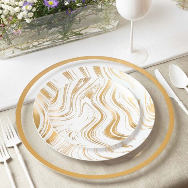 32-Piece White and Gold Round Plastic Dinnerware Set for 16 Guests - Elegant Disposable Plates, Bowls, Cups & Cutlery - Perfect for Weddings, Parties, Catering & Outdoor Events