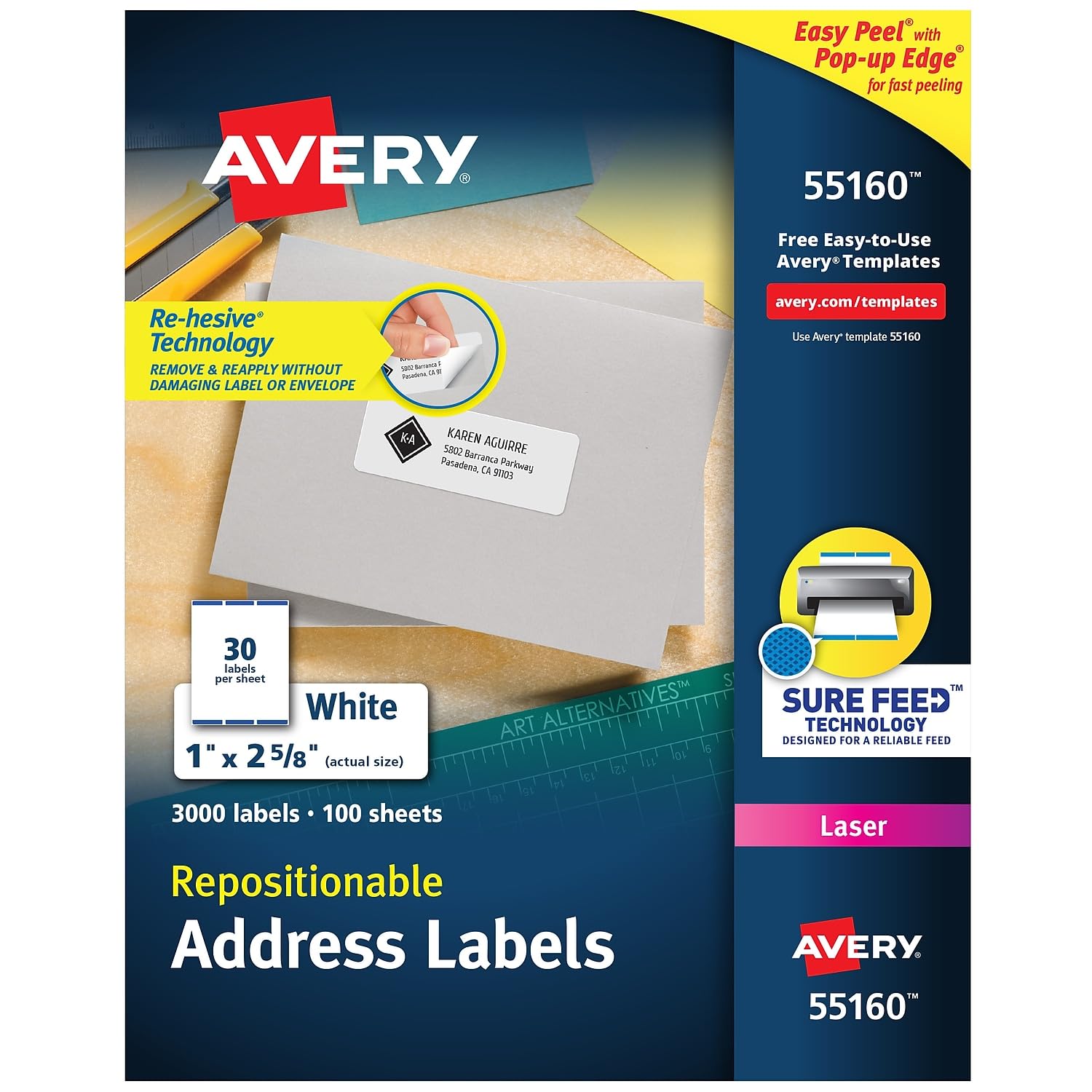 Repositionable Address Labels for Inkjet & Laser Printers - 1 x 2 5/8 Inch White Self-Adhesive Stickers (3000 Labels per Box) - Perfect for Mailing, Shipping, Organizing & Gift Tags